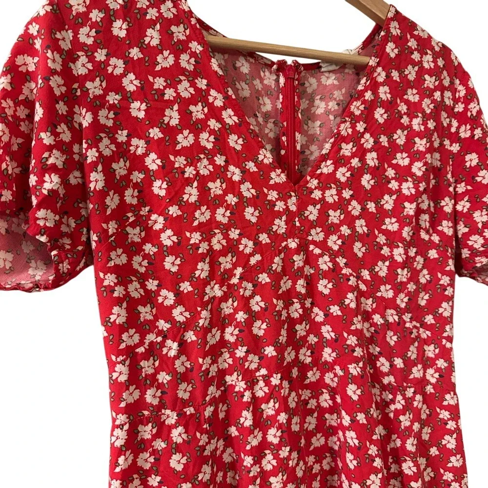GAP Red Floral‎ Print Short Sleeve V Neck Dress Women Size 10 - Picture 2 of 6